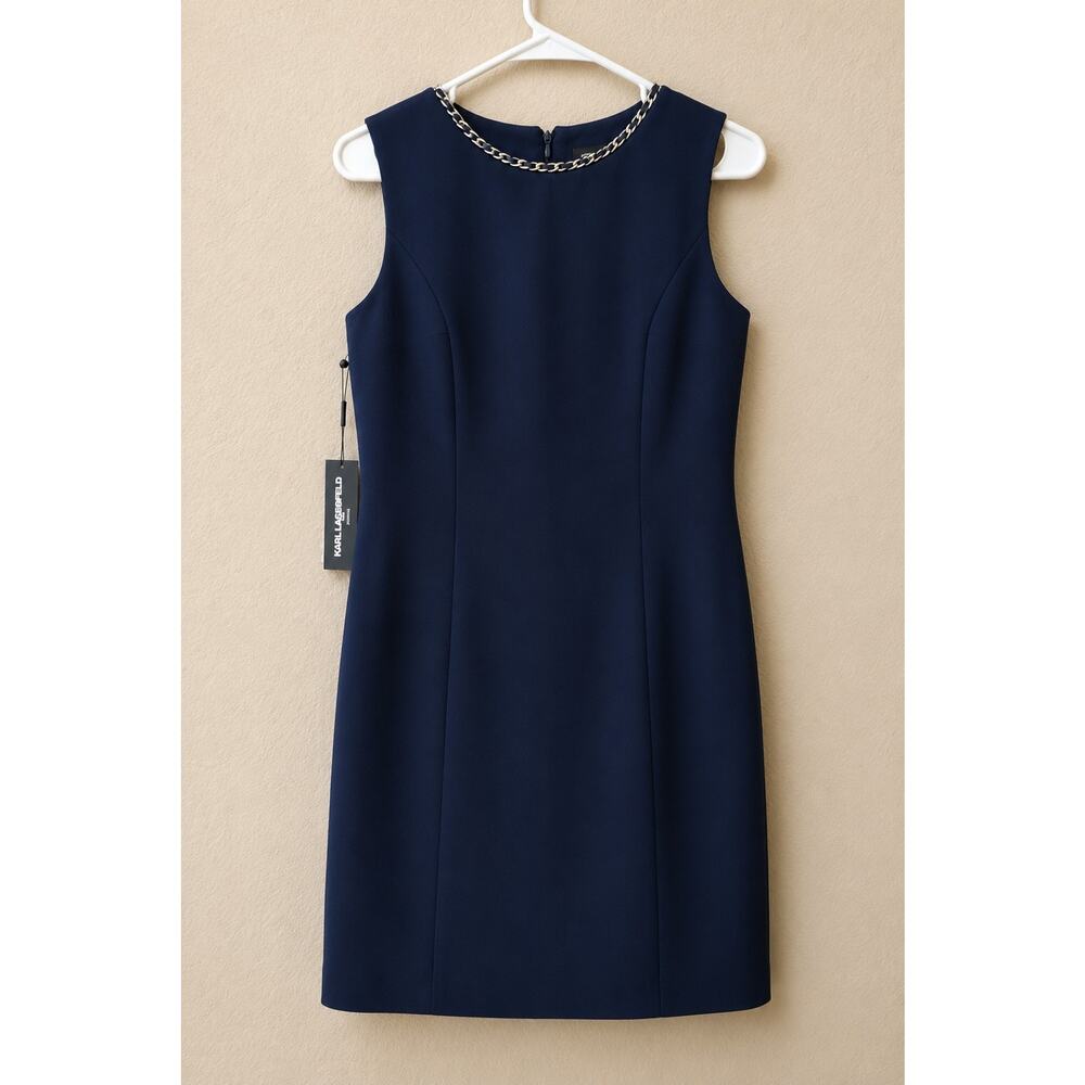 Karl Lagerfeld Timeless Sheath Dress Navy Chain Pearl Sz 6 Office Work Career - Picture 3 of 7